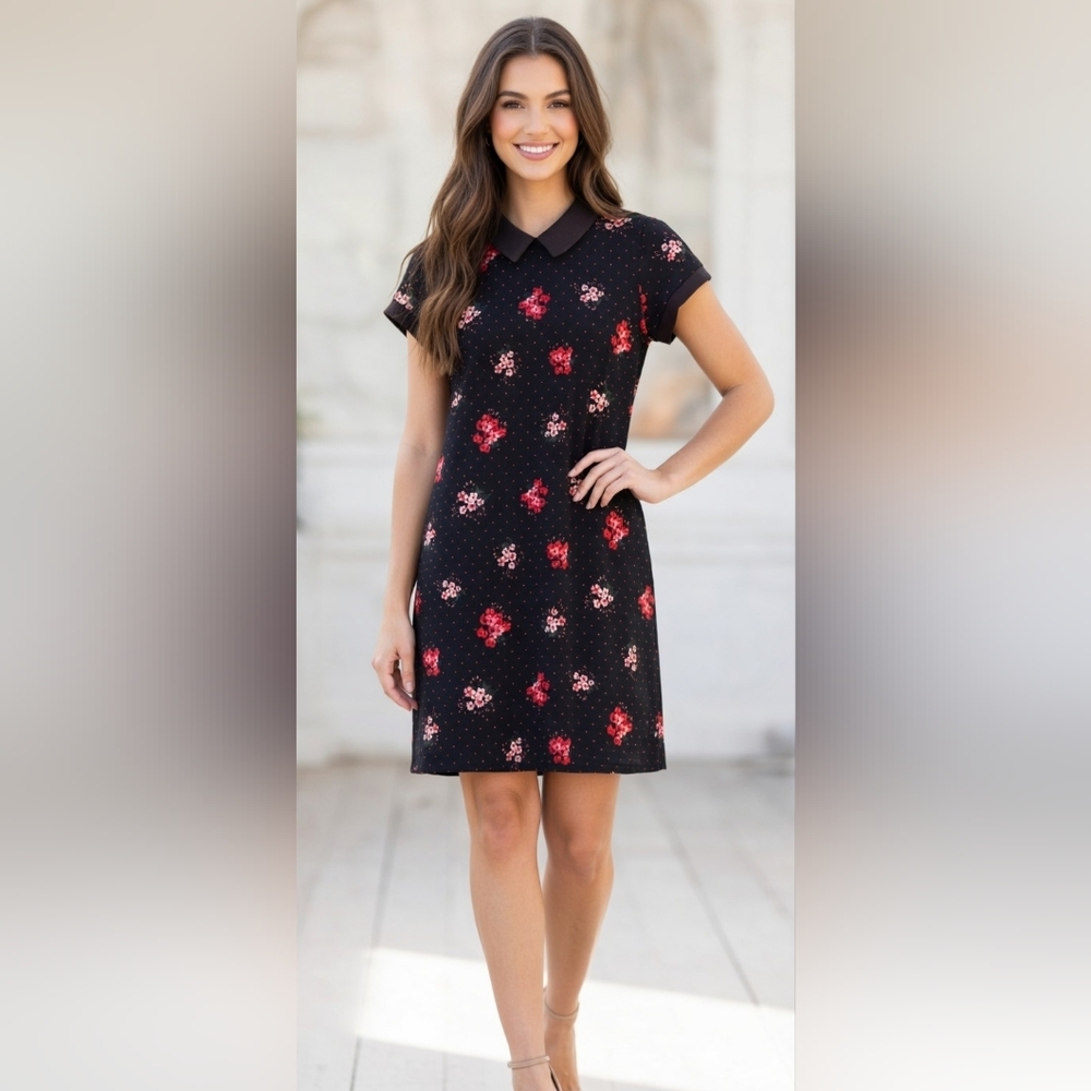 Floral Black and Red Collared Dress